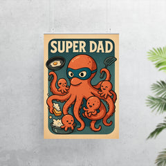 Quote 'super dad' Octopus wearing a mask while simultaneously cooking cleaning and playing with baby octopi Funny father's day Poster poster 7