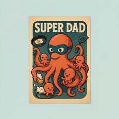 Quote 'super dad' Octopus wearing a mask while simultaneously cooking cleaning and playing with baby octopi Funny father's day Poster poster 8