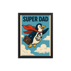 Quote 'super dad' Penguin in a cape flying with a briefcase and baby penguin Funny father's day Poster framed print on a plain backdrop in size 12"x16".