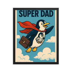 Quote 'super dad' Penguin in a cape flying with a briefcase and baby penguin Funny father's day Poster framed print on a plain backdrop in size 16"x20".