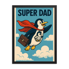 Quote 'super dad' Penguin in a cape flying with a briefcase and baby penguin Funny father's day Poster framed print on a plain backdrop in size 18"x24".