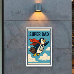 Quote 'super dad' Penguin in a cape flying with a briefcase and baby penguin Funny father's day Poster poster 2