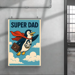 Quote 'super dad' Penguin in a cape flying with a briefcase and baby penguin Funny father's day Poster poster 4