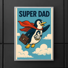 Quote 'super dad' Penguin in a cape flying with a briefcase and baby penguin Funny father's day Poster poster 5