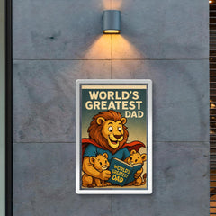 Quote 'world's greatest dad' Lion in a superhero cape reading bedtime stories to cubs Funny father's day Poster poster 2