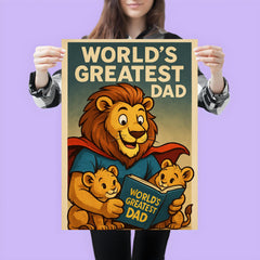 Quote 'world's greatest dad' Lion in a superhero cape reading bedtime stories to cubs Funny father's day Poster poster 3