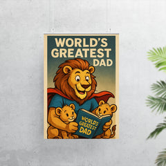 Quote 'world's greatest dad' Lion in a superhero cape reading bedtime stories to cubs Funny father's day Poster poster 7