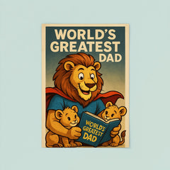 Quote 'world's greatest dad' Lion in a superhero cape reading bedtime stories to cubs Funny father's day Poster poster 8