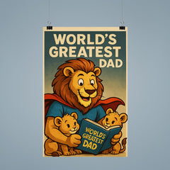 Quote 'world's greatest dad' Lion in a superhero cape reading bedtime stories to cubs Funny father's day Poster poster 9