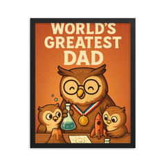 Quote 'world's greatest dad' Owl wearing a medal while helping owlets with a science project Funny father's day Poster framed print on a plain backdrop in size 16"x20".