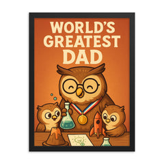 Quote 'world's greatest dad' Owl wearing a medal while helping owlets with a science project Funny father's day Poster framed print on a plain backdrop in size 18"x24".