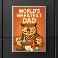 Quote 'world's greatest dad' Owl wearing a medal while helping owlets with a science project Funny father's day Poster poster 5