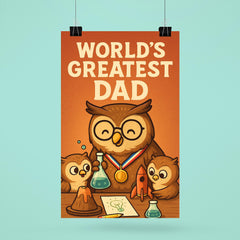 Quote 'world's greatest dad' Owl wearing a medal while helping owlets with a science project Funny father's day Poster poster 6