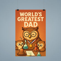 Quote 'world's greatest dad' Owl wearing a medal while helping owlets with a science project Funny father's day Poster poster 9