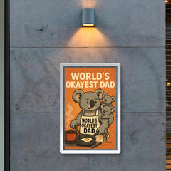 Quote 'world's okayest dad' Koala attempting to cook while baby koalas climb on him Funny father's day Poster poster 2
