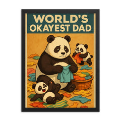 Quote 'world's okayest dad' Panda trying to fold laundry while cubs make more mess Funny father's day Poster framed print on a plain backdrop in size 18"x24".