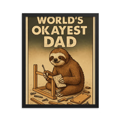 Quote 'world's okayest dad' Sloth slowly assembling furniture with scattered pieces around Funny father's day Poster framed print on a plain backdrop in size 16"x20".