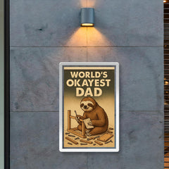Quote 'world's okayest dad' Sloth slowly assembling furniture with scattered pieces around Funny father's day Poster poster 2