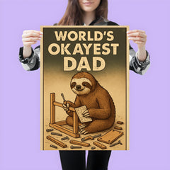 Quote 'world's okayest dad' Sloth slowly assembling furniture with scattered pieces around Funny father's day Poster poster 3