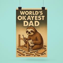 Quote 'world's okayest dad' Sloth slowly assembling furniture with scattered pieces around Funny father's day Poster poster 6