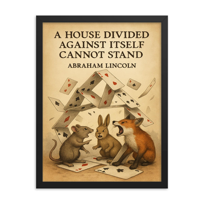 Quote A house divided against itself cannot stand Abraham Lincoln playing cards animals arguing framed print on a plain backdrop in size 18