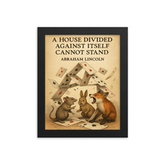 Quote A house divided against itself cannot stand Abraham Lincoln playing cards animals arguing framed print on a plain backdrop in size 8"x10".