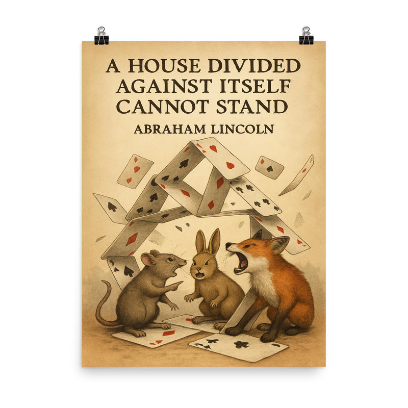 Quote A house divided against itself cannot stand Abraham Lincoln playing cards animals arguing poster on a plain backdrop in size 8