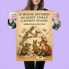 Quote A house divided against itself cannot stand Abraham Lincoln playing cards animals arguing poster 3