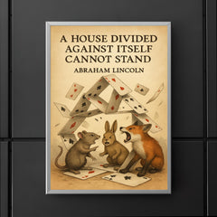 Quote A house divided against itself cannot stand Abraham Lincoln playing cards animals arguing poster 5