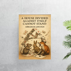 Quote A house divided against itself cannot stand Abraham Lincoln playing cards animals arguing poster 7
