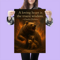 Quote A loving heart is the truest wisdom Charles Dickens Mother bear protecting cubs inspiring poster 3
