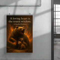 Quote A loving heart is the truest wisdom Charles Dickens Mother bear protecting cubs inspiring poster 4