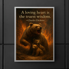 Quote A loving heart is the truest wisdom Charles Dickens Mother bear protecting cubs inspiring poster 5