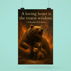 Quote A loving heart is the truest wisdom Charles Dickens Mother bear protecting cubs inspiring poster 6
