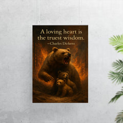 Quote A loving heart is the truest wisdom Charles Dickens Mother bear protecting cubs inspiring poster 7