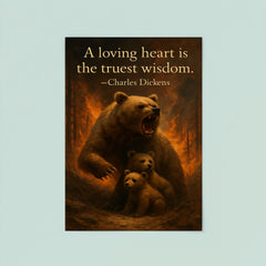 Quote A loving heart is the truest wisdom Charles Dickens Mother bear protecting cubs inspiring poster 8