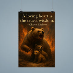 Quote A loving heart is the truest wisdom Charles Dickens Mother bear protecting cubs inspiring poster 9