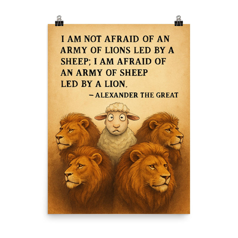 quote army of lions led by sheep afraid of army of sheep led by lion poster on a plain backdrop in size 8