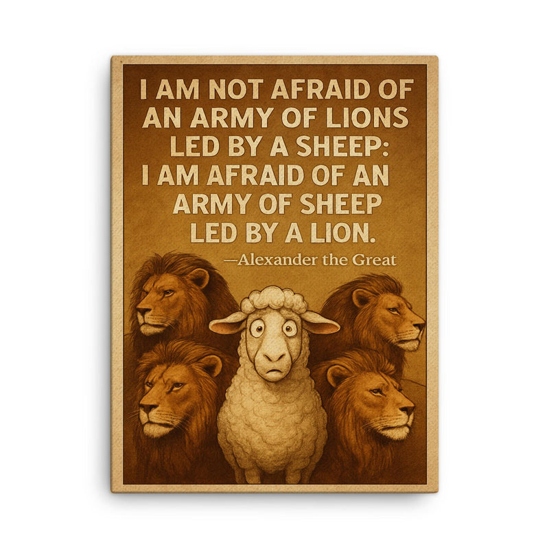 quote army of lions led by sheep afraid of sheep led by lion alexander canvas print on a plain backdrop in size 18
