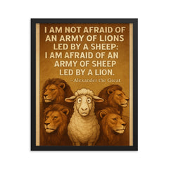 quote army of lions led by sheep afraid of sheep led by lion alexander framed print on a plain backdrop in size 16"x20".