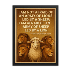 quote army of lions led by sheep afraid of sheep led by lion alexander framed print on a plain backdrop in size 18"x24".