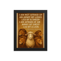 quote army of lions led by sheep afraid of sheep led by lion alexander framed print on a plain backdrop in size 8"x10".