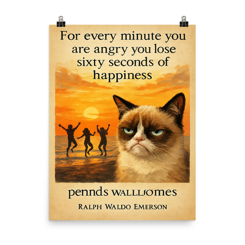 quote every minute angry lose happiness ralph waldo emerson grumpy poster on a plain backdrop in size 8