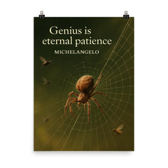 Quote Genius is eternal patience Michelangelo Spider weaving perfect web inspiring poster_2 poster on a plain backdrop in size 8"x10".