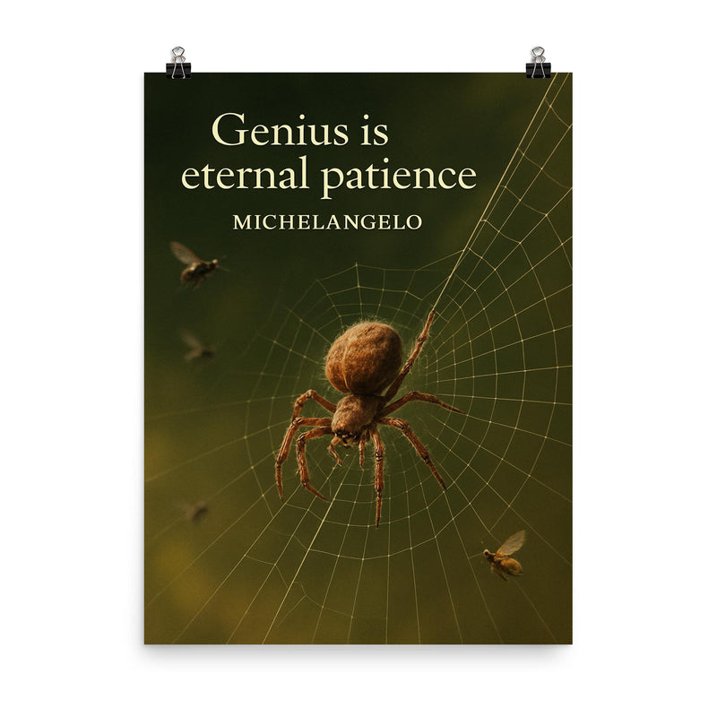 Quote Genius is eternal patience Michelangelo Spider weaving perfect web inspiring poster_2 poster on a plain backdrop in size 8