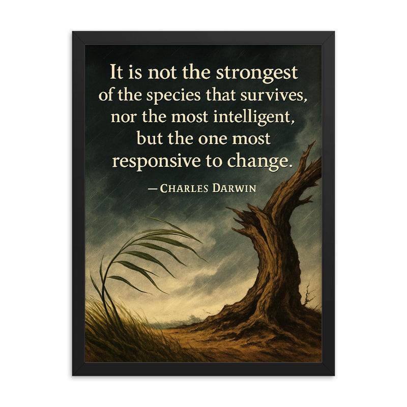 Quote It is not the strongest nor most intelligent but most responsive to change Darwin Flexible framed print on a plain backdrop in size 18