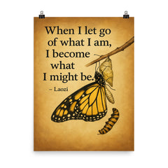 Quote When I let go of what I am I become what I might be Laozi Butterfly emerging from cocoon poster on a plain backdrop in size 8"x10".