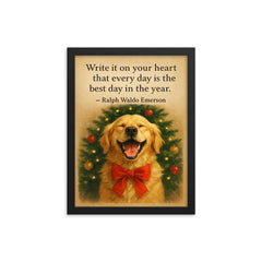 Quote write it on your heart best day Emerson golden retriever framed print on a plain backdrop in size 12"x16".