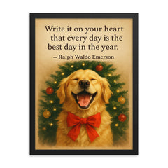Quote write it on your heart best day Emerson golden retriever framed print on a plain backdrop in size 18"x24".