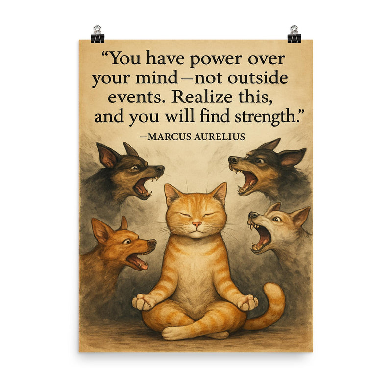 Quote You have power over your mind not outside events Marcus Aurelius Zen cat calm dogs barking poster on a plain backdrop in size 8